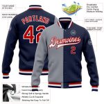 Custom Navy Red Gray Bomber Jacket Full-Snap Varsity Letterman Fashion Outerwear Custom Navy Red-Gray Bomber Full-Snap Varsity