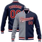 Custom Navy Red Gray Bomber Jacket Full-Snap Varsity Letterman Fashion Outerwear Custom Navy Red-Gray Bomber Full-Snap Varsity