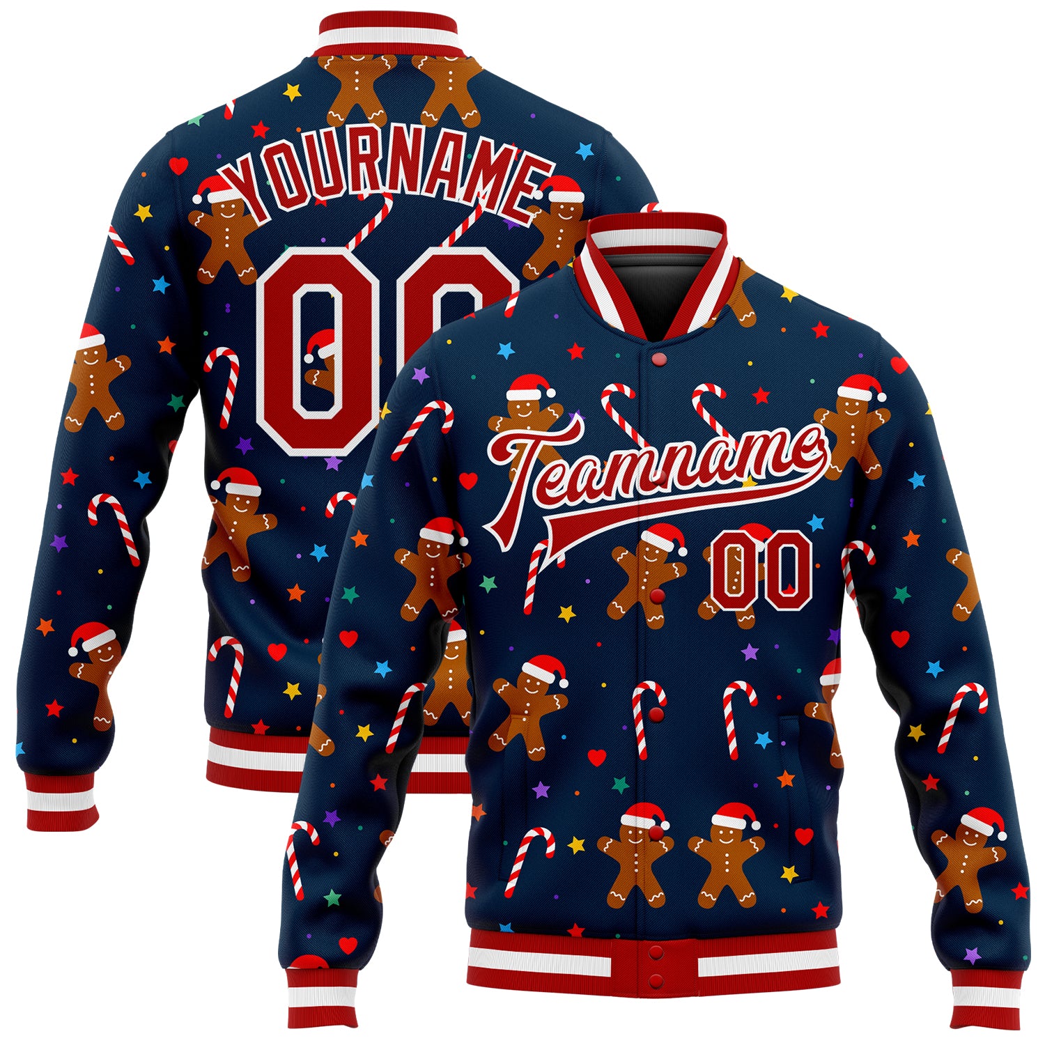 Custom Navy Red-White Christmas 3D Bomber Full-Snap Varsity Letterman Jacket Custom Christmas 3D Bomber Varsity Letterman Jacket in Navy Red-White Custom Navy Red-White Christmas 3D Bomber Full-Snap