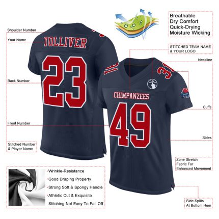 Custom Navy Red White Authentic Football Jersey - Mesh Fabric, Customizable Design Custom Navy Red-White Mesh Authentic Football
