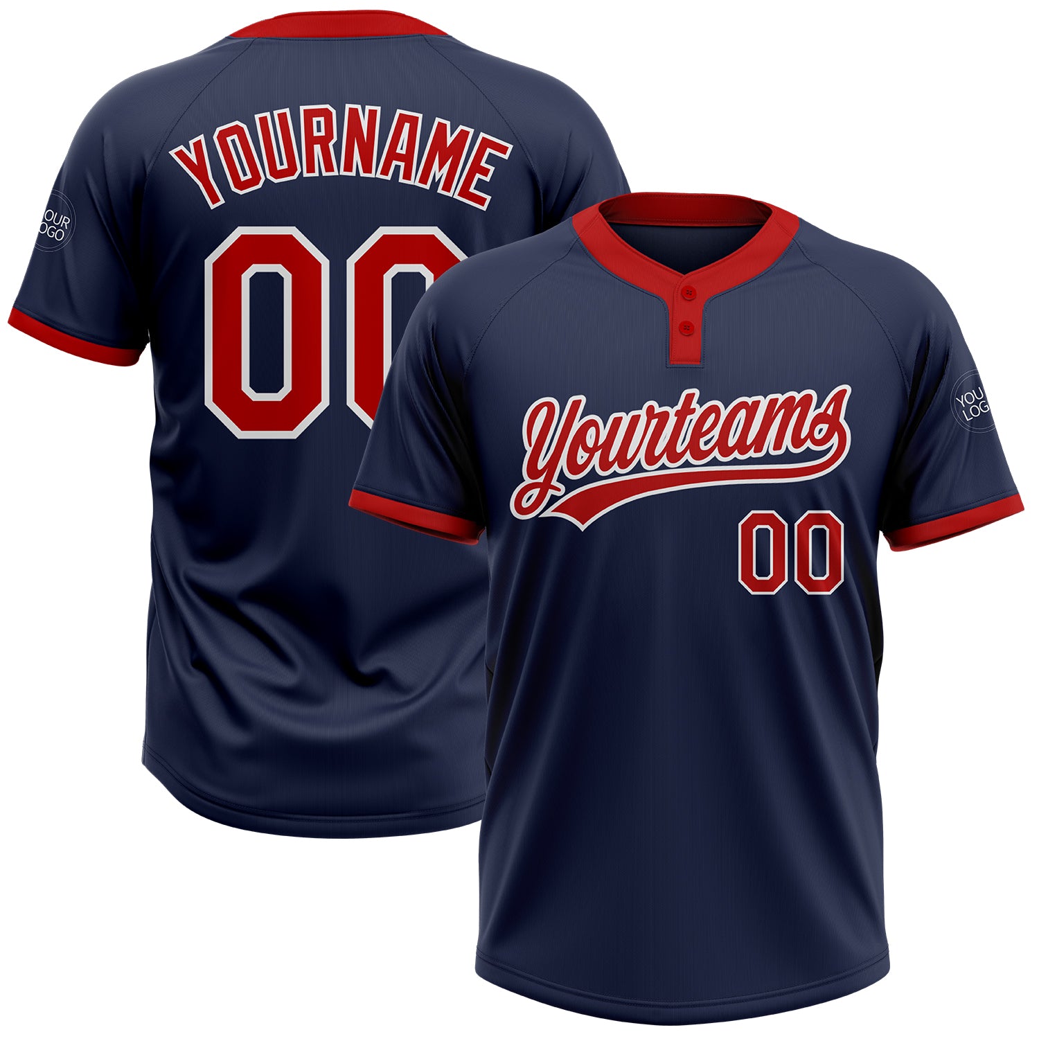 Custom Unisex Softball Jersey - Navy Red-White Two-Button Style 6779 Custom Navy Red-White Two-Button Unisex Softball Jersey