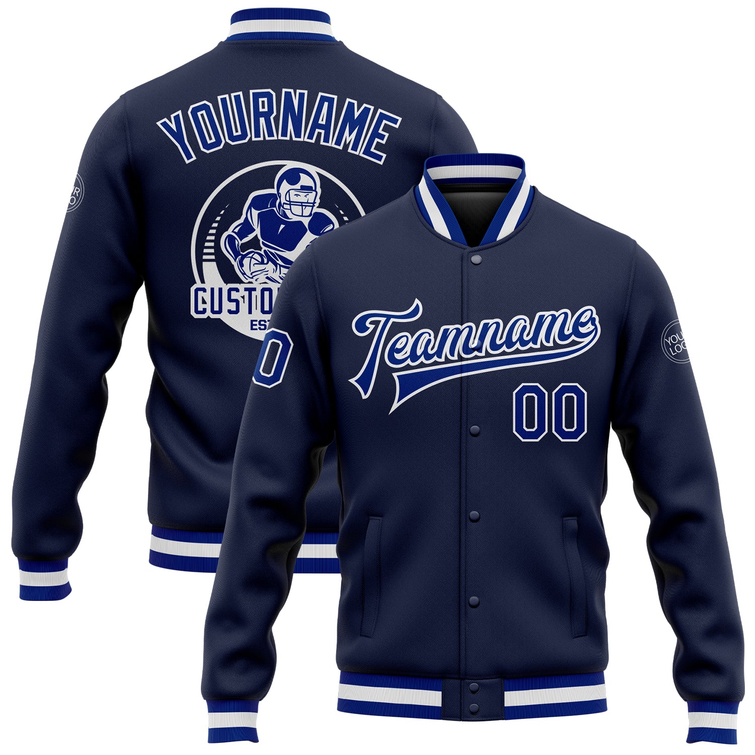 Custom Navy White Varsity Letterman Bomber Jacket Full-Snap Design Custom Navy Royal-White Bomber Full-Snap Varsity Letterman