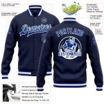 Custom Navy White Varsity Letterman Bomber Jacket Full-Snap Design Custom Navy Royal-White Bomber Full-Snap Varsity Letterman