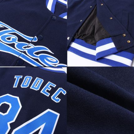 Navy Royal-White Custom Bomber Varsity Letterman Jacket Full-Snap Style 9741 Custom Navy Royal-White Bomber Full-Snap Varsity