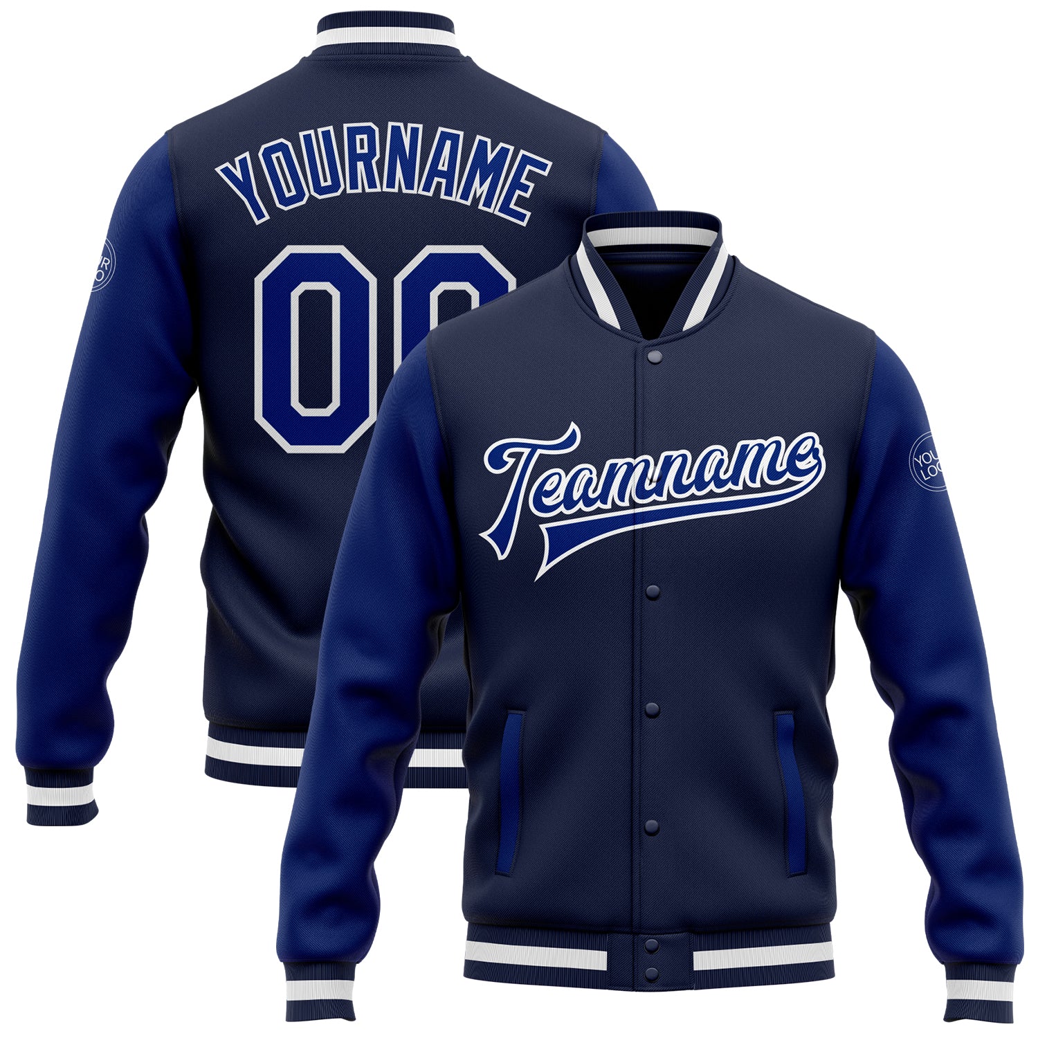 Navy Royal-White Varsity Letterman Bomber Jacket Custom Two Tone Full-Snap Custom Navy Royal-White Bomber Full-Snap Varsity