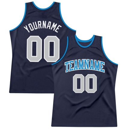 Custom Navy Silver Gray-Blue Basketball Jersey | Authentic Throwback Style Custom Navy Silver Gray-Blue Authentic Throwback