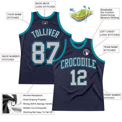 Navy Silver Gray Teal Custom Throwback Basketball Jersey Authentic Design Custom Navy Silver Gray-Teal Authentic Throwback