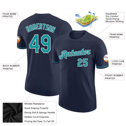 Custom Performance T-Shirt in Navy Teal and White for Activewear Custom Navy Teal-White Performance T-Shirt