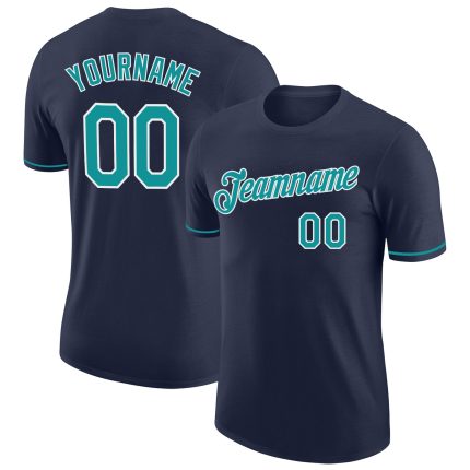 Custom Performance T-Shirt in Navy Teal and White for Activewear Custom Navy Teal-White Performance T-Shirt