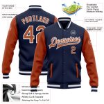 Navy Texas Orange White Two Tone Varsity Letterman Bomber Full-Snap Jacket Custom Navy Texas Orange-White Bomber Full-Snap