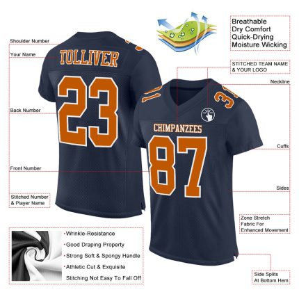 Custom Texas Orange-White Navy Football Jersey - Authentic Mesh Jersey Custom Navy Texas Orange-White Mesh Authentic Football