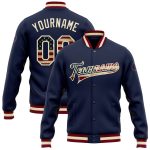 Custom Navy Vintage USA Flag Bomber Varsity Letterman Jacket Cream Full-Snap Custom Navy Vintage USA Flag-Cream Bomber Full-Snap