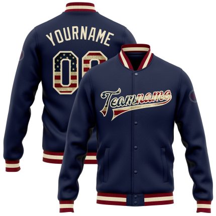 Custom Navy Vintage USA Flag Bomber Varsity Letterman Jacket Cream Full-Snap Custom Navy Vintage USA Flag-Cream Bomber Full-Snap