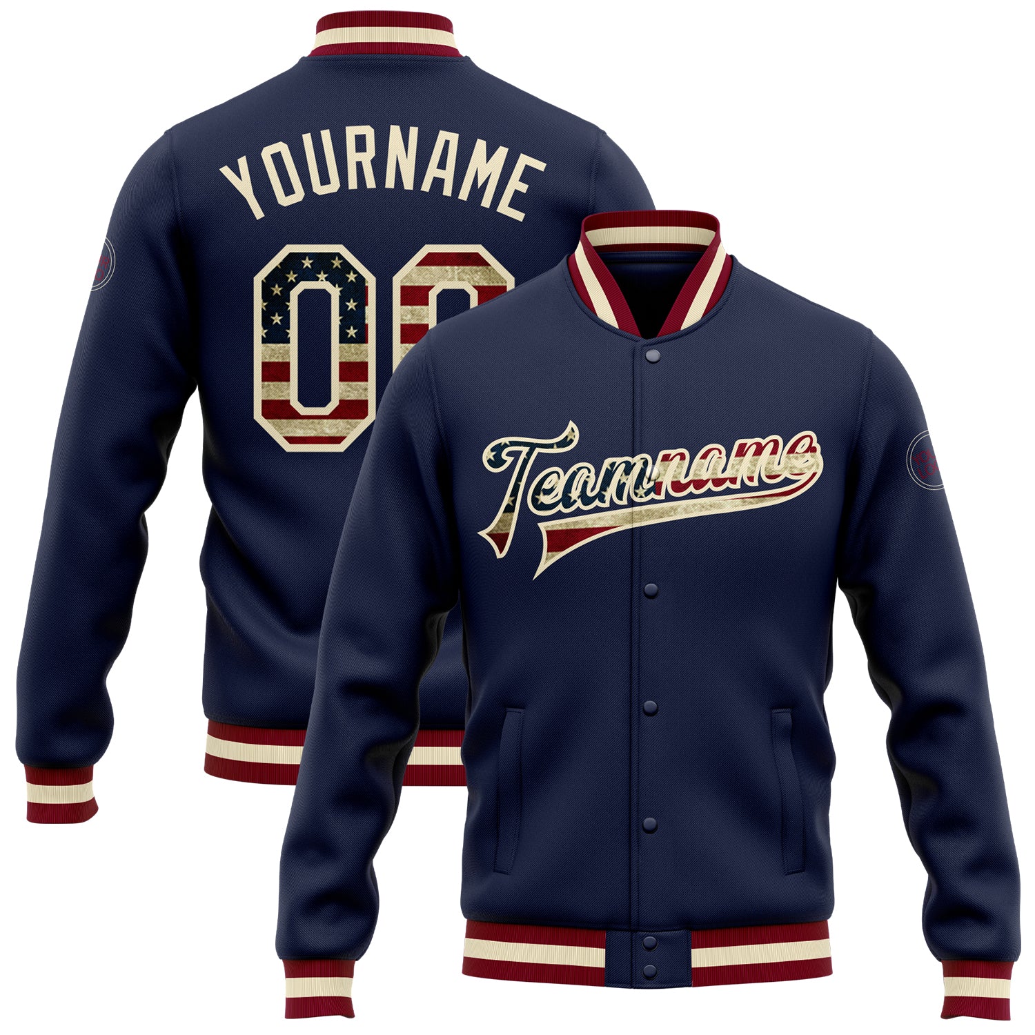 Custom Navy Vintage USA Flag Bomber Varsity Letterman Jacket Cream Full-Snap Custom Navy Vintage USA Flag-Cream Bomber Full-Snap