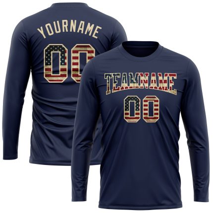 Custom Navy Vintage USA Flag Long Sleeve Performance T-Shirt - Cream and Crimson Salute to Service Custom Navy Vintage USA