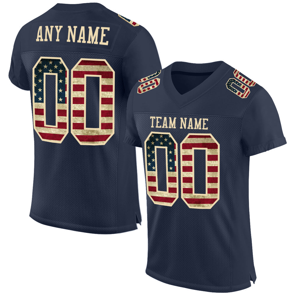Custom Navy Vintage USA Flag Football Jersey Cream Mesh Authentic Custom Navy Vintage USA Flag-Cream Mesh Authentic Football