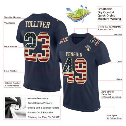 Custom Navy Vintage USA Flag Football Jersey Cream Mesh Authentic Custom Navy Vintage USA Flag-Cream Mesh Authentic Football