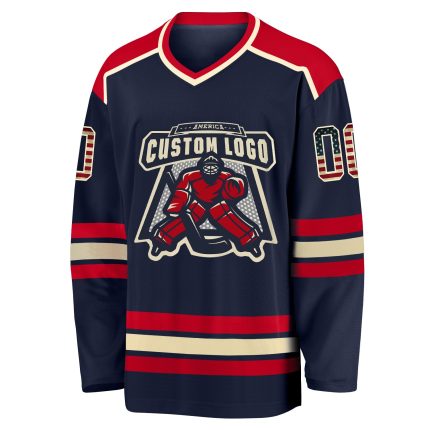 Custom Vintage USA Flag Hockey Jersey in Navy and Cream-Red Custom Navy Vintage USA Flag Cream-Red Hockey Jersey