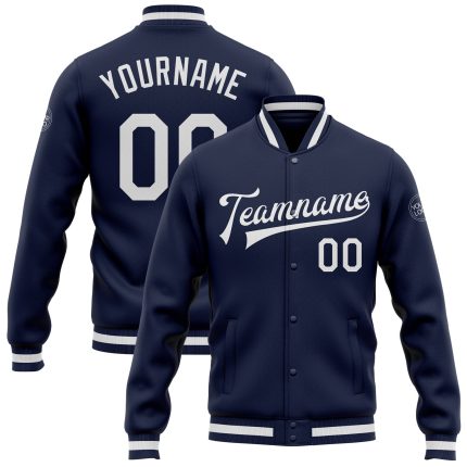 Custom Navy White Varsity Letterman Jacket Full-Snap Bomber for Men and Women Custom Navy White Bomber Full-Snap Varsity
