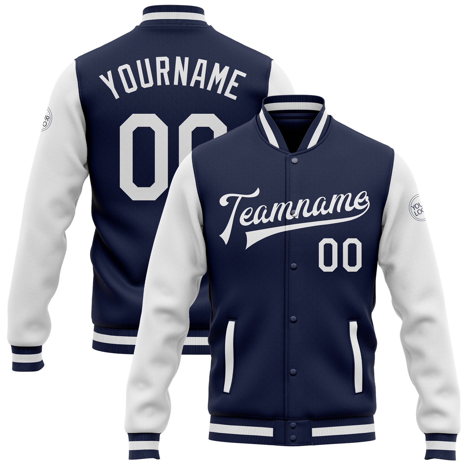 Navy White Two Tone Varsity Letterman Full-Snap Bomber Jacket Custom Custom Navy White Bomber Full-Snap Varsity Letterman