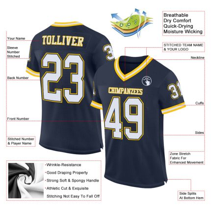 Custom Navy White Gold Authentic Throwback Football Jersey - Mesh Design Custom Navy White-Gold Mesh Authentic Throwback