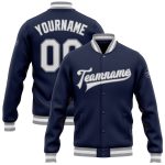 Custom Navy Gray White Varsity Letterman Bomber Jacket Full-Snap Style Custom Navy White-Gray Bomber Full-Snap Varsity Letterman