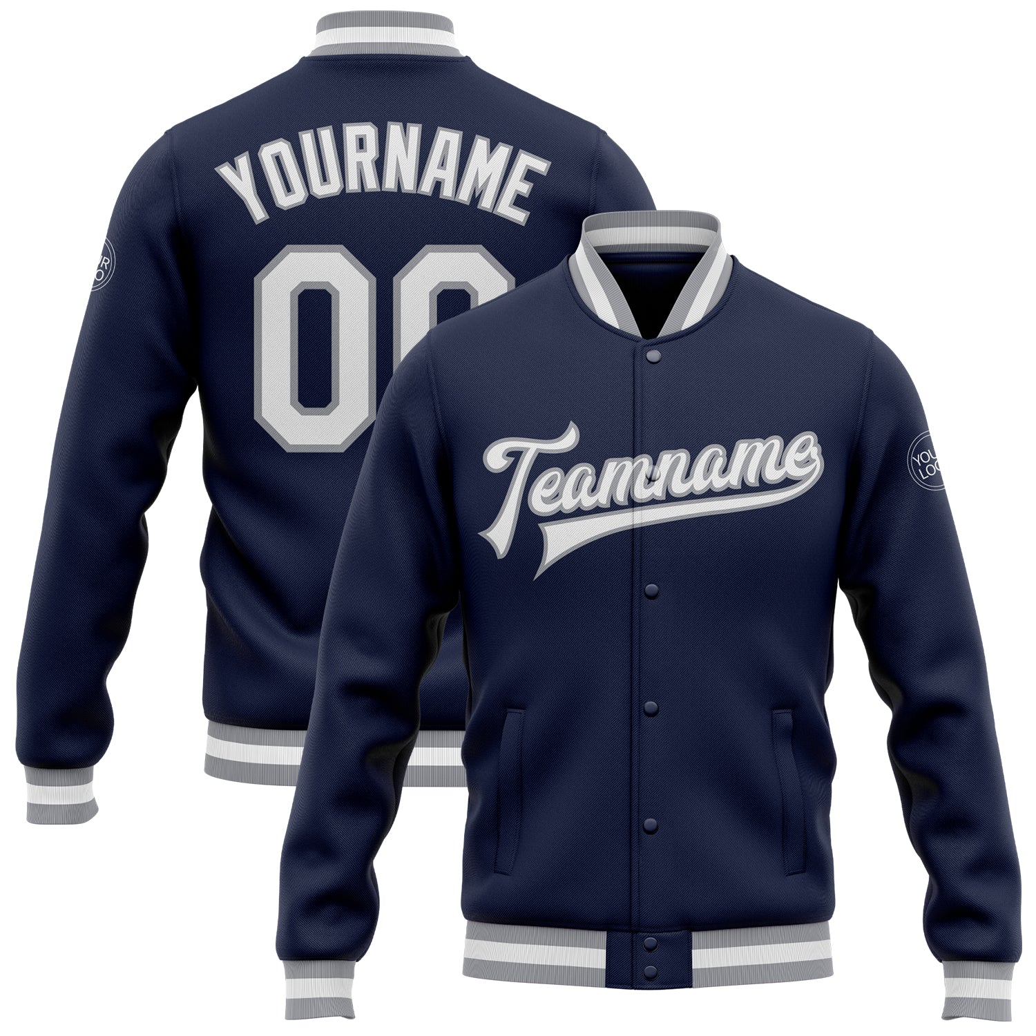 Custom Navy Gray White Varsity Letterman Bomber Jacket Full-Snap Style Custom Navy White-Gray Bomber Full-Snap Varsity Letterman