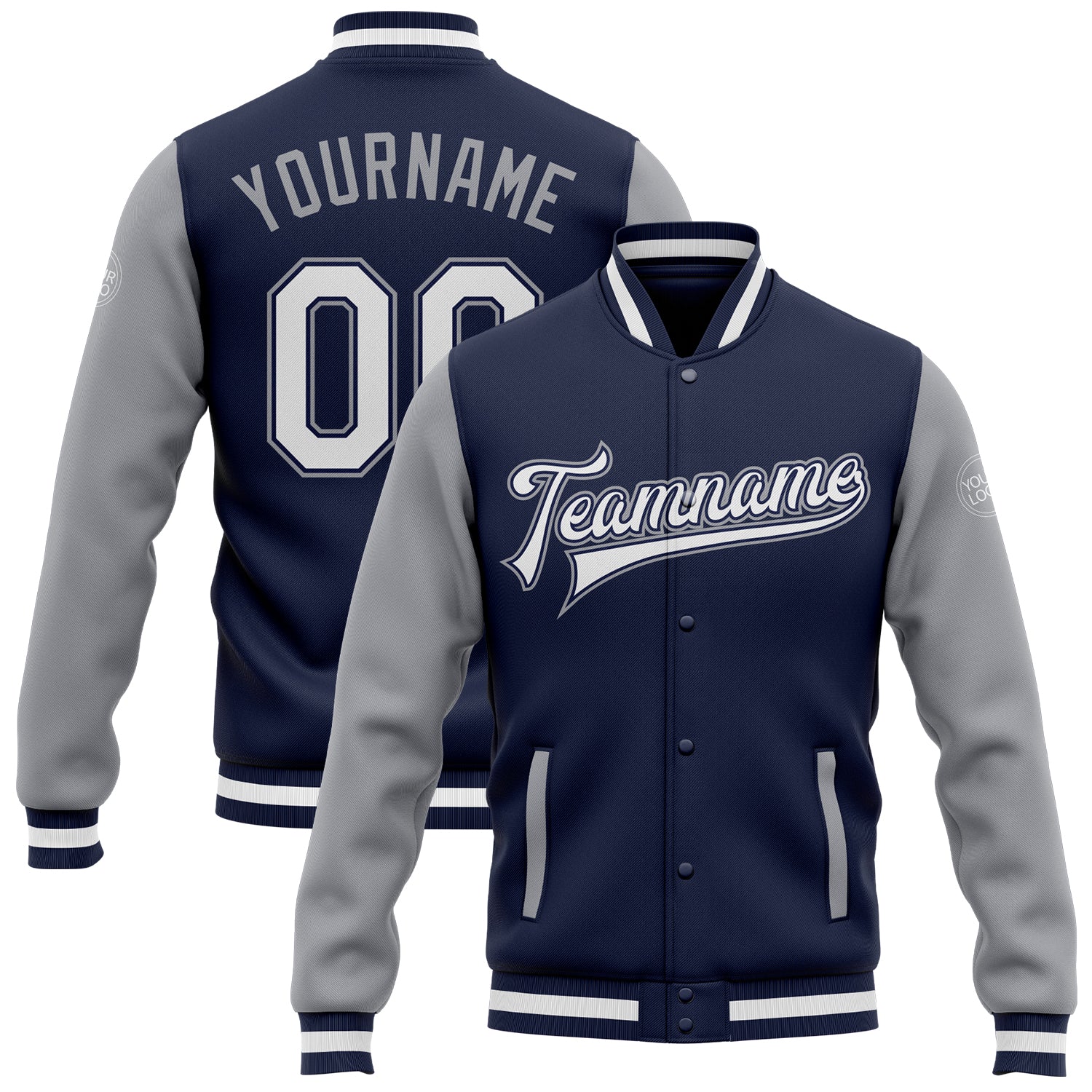 Navy White Gray Two Tone Custom Varsity Letterman Bomber Full-Snap Jacket Custom Navy White-Gray Bomber Full-Snap Varsity