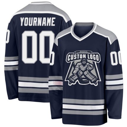 Custom Hockey Jersey Navy White Gray Design, Personalized Team Apparel Custom Navy White-Gray Hockey Jersey