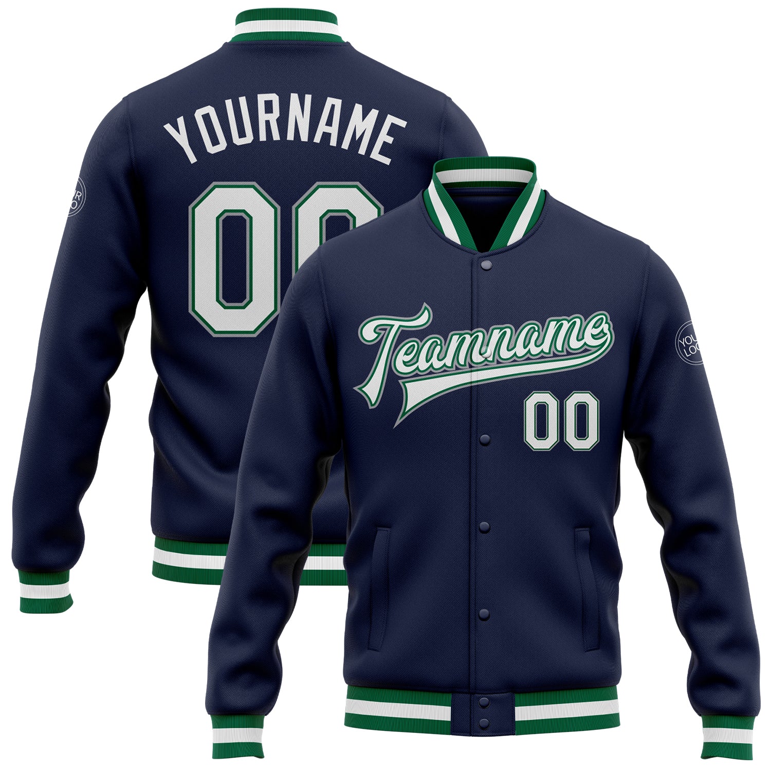 Custom Navy White Kelly Green Gray Bomber Varsity Jacket - Full-Snap Letterman Jacket Custom Navy White Kelly Green-Gray