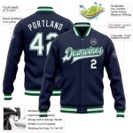 Custom Navy White Kelly Green Gray Bomber Varsity Jacket - Full-Snap Letterman Jacket Custom Navy White Kelly Green-Gray