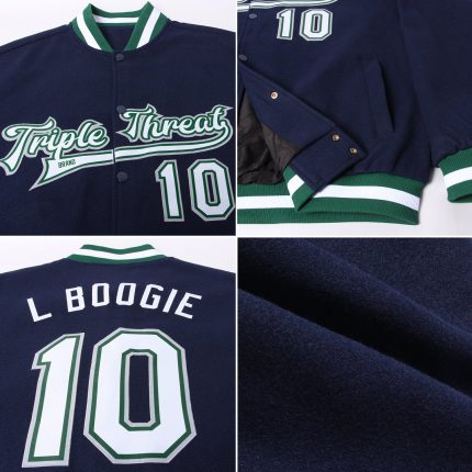 Custom Navy White Kelly Green Gray Bomber Varsity Jacket - Full-Snap Letterman Jacket Custom Navy White Kelly Green-Gray