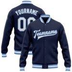 Custom Navy Blue White Light Blue Varsity Letterman Bomber Jacket Full-Snap Custom Navy White-Light Blue Bomber Full-Snap