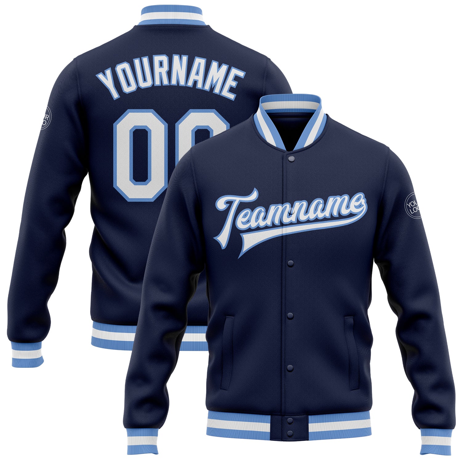 Custom Navy Blue White Light Blue Varsity Letterman Bomber Jacket Full-Snap Custom Navy White-Light Blue Bomber Full-Snap