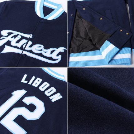 Custom Navy Blue White Light Blue Varsity Letterman Bomber Jacket Full-Snap Custom Navy White-Light Blue Bomber Full-Snap