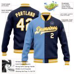 Custom Navy White Light Blue Gold Bomber Jacket Full-Snap Varsity Letterman Fashion Custom Navy White Light Blue-Gold Bomber