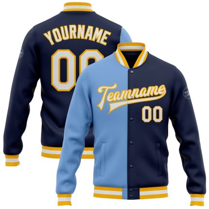 Custom Navy White Light Blue Gold Bomber Jacket Full-Snap Varsity Letterman Fashion Custom Navy White Light Blue-Gold Bomber