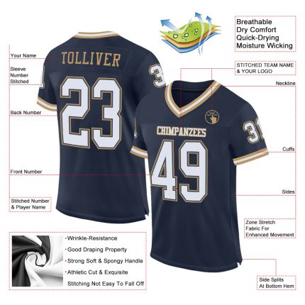 Custom Navy White-Gold Authentic Throwback Football Jersey, Mesh Design Custom Navy White-Old Gold Mesh Authentic Throwback