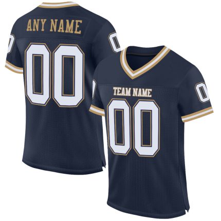 Custom Navy White-Gold Authentic Throwback Football Jersey, Mesh Design Custom Navy White-Old Gold Mesh Authentic Throwback