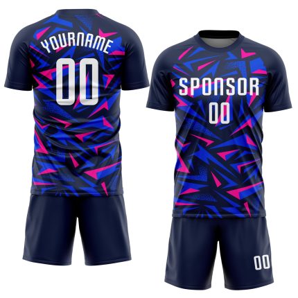Custom Navy Pink White Soccer Jersey Uniform for Men and Women Style 9916 Custom Navy White-Pink Sublimation Soccer Uniform
