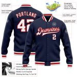 Custom Navy Red White Varsity Letterman Bomber Jacket Full-Snap Design Custom Navy White-Red Bomber Full-Snap Varsity Letterman