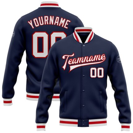 Custom Navy Red White Varsity Letterman Bomber Jacket Full-Snap Design Custom Navy White-Red Bomber Full-Snap Varsity Letterman