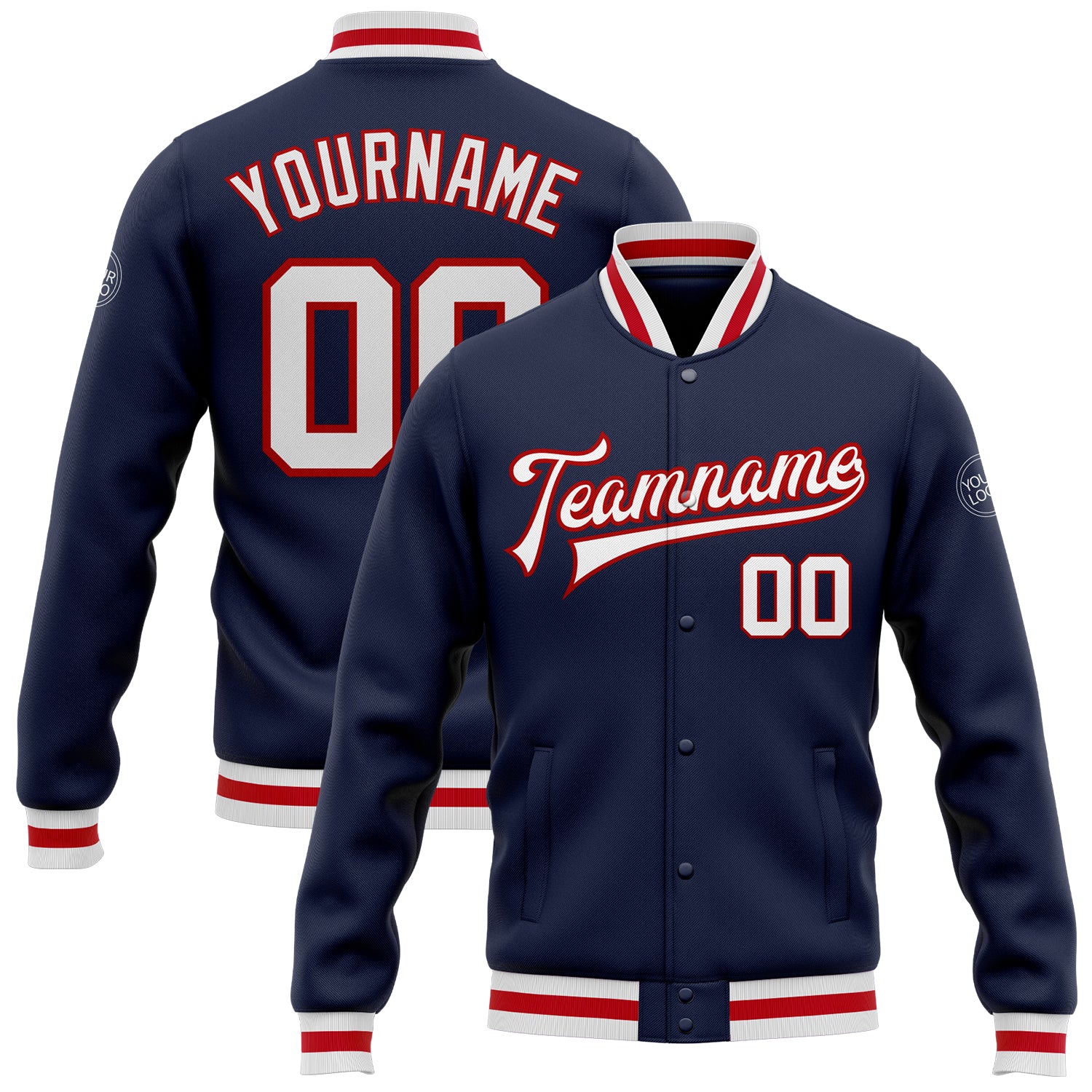 Custom Navy Red White Varsity Letterman Bomber Jacket Full-Snap Design Custom Navy White-Red Bomber Full-Snap Varsity Letterman