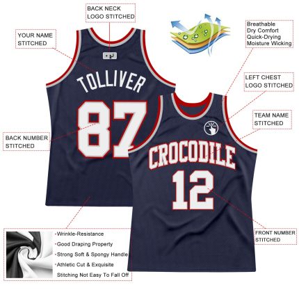 Navy White Silver Gray Red Custom Throwback Basketball Jersey Authentic Custom Navy White Silver Gray-Red Authentic Throwback