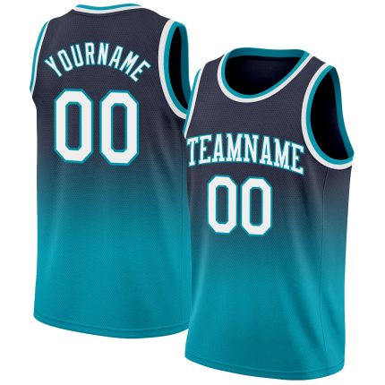 Custom Navy Teal Basketball Jersey - Authentic Fade Fashion Style Custom Navy White-Teal Authentic Fade Fashion Basketball