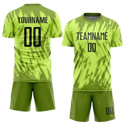 Neon Green Sublimation Soccer Uniform Jersey - Custom Black-Olive Design Custom Neon Green Black-Olive Sublimation Soccer