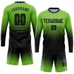 Neon Green Black Sublimation Long Sleeve Soccer Uniform Jersey - Custom Fade Design Custom Neon Green Black Sublimation Long