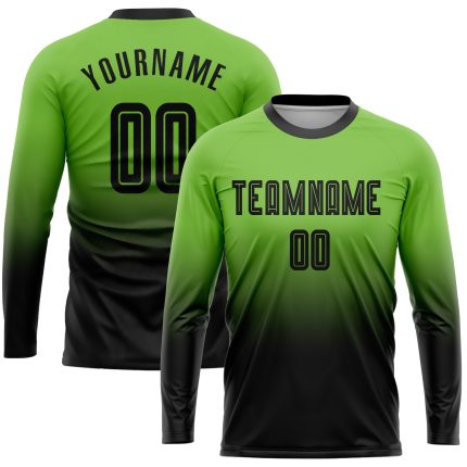 Neon Green Black Sublimation Long Sleeve Soccer Uniform Jersey - Custom Fade Design Custom Neon Green Black Sublimation Long