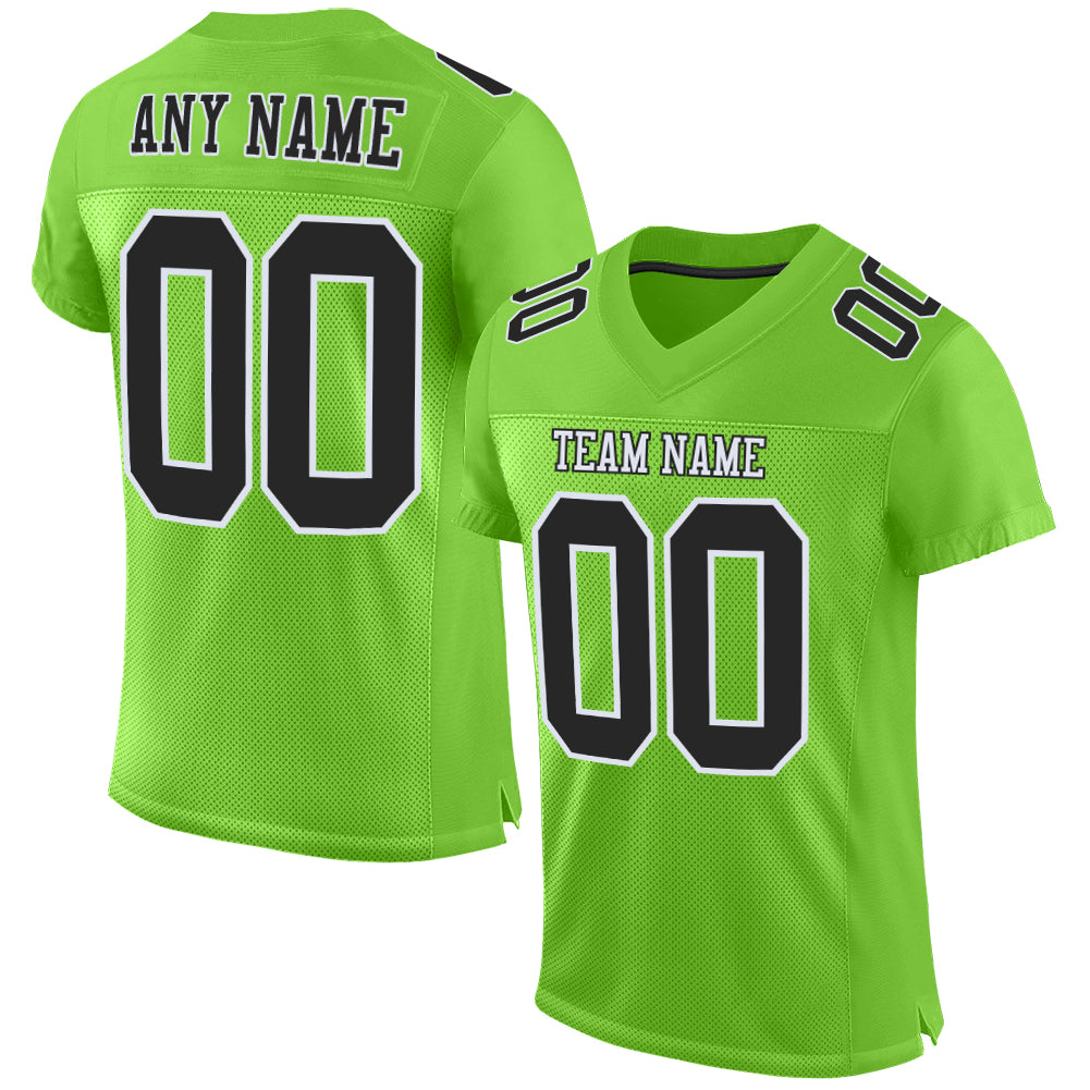 Neon Green Black White Custom Authentic Football Jersey, Mesh Design Custom Neon Green Black-White Mesh Authentic Football