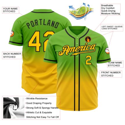 Custom neon green, gold and black fade baseball jersey, back view